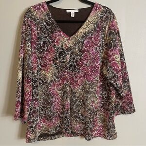 JM Collection Long Sleeve Size 3X Top V Neck Blouse Pink Brown Office Fall